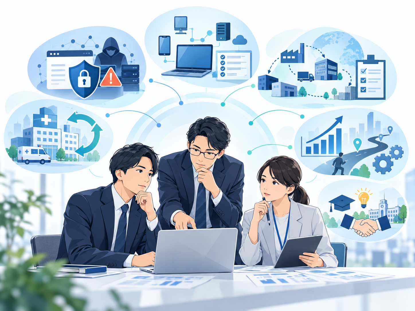 経営・IT・医療など複数の課題を前に、対応を検討する3人のイラスト